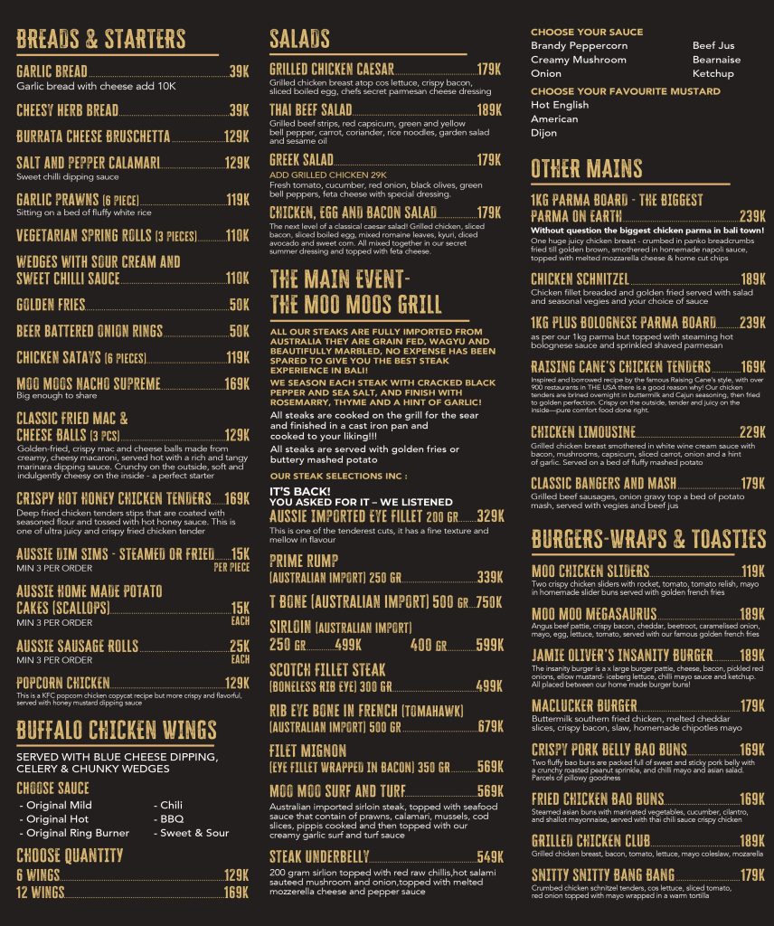 Food Menu - Moo Moo's Bali Steakhouse Bar & Grill