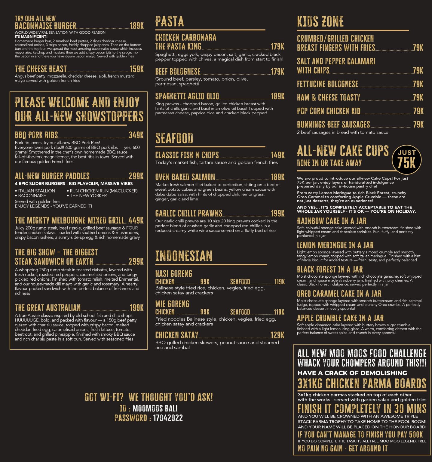 Food Menu - Moo Moo's Bali Steakhouse Bar & Grill